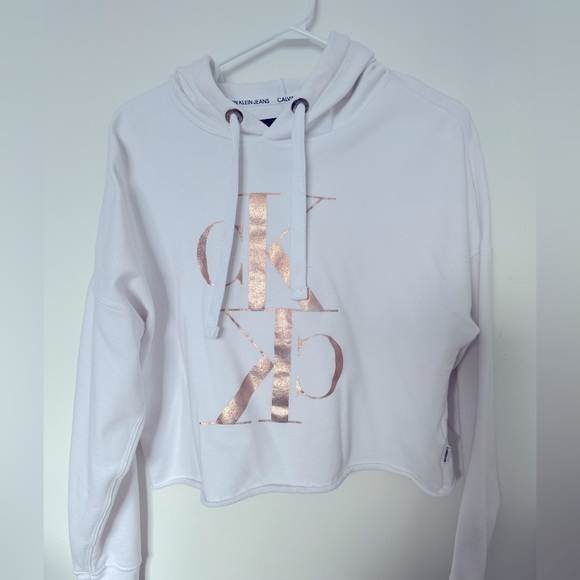 Calvin Klein Crop Hoodie with Rose Gold Chrome Logo - Picture 1 of 9